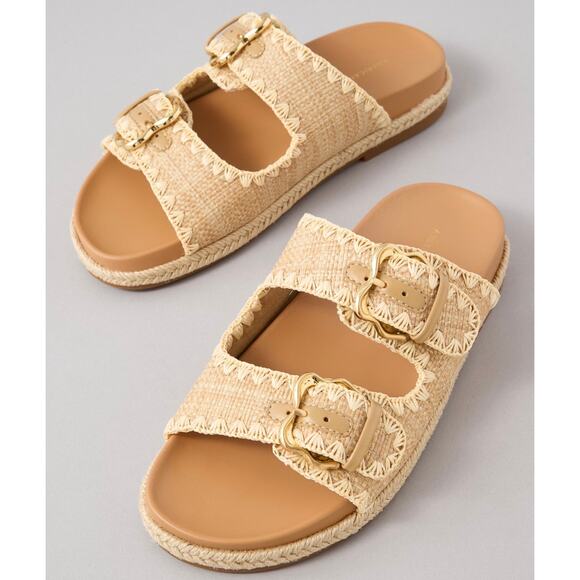 American Eagle AE Stitched Slide Sandals Natural Beige Tan Gold Buckles Size 10 - Picture 2 of 14